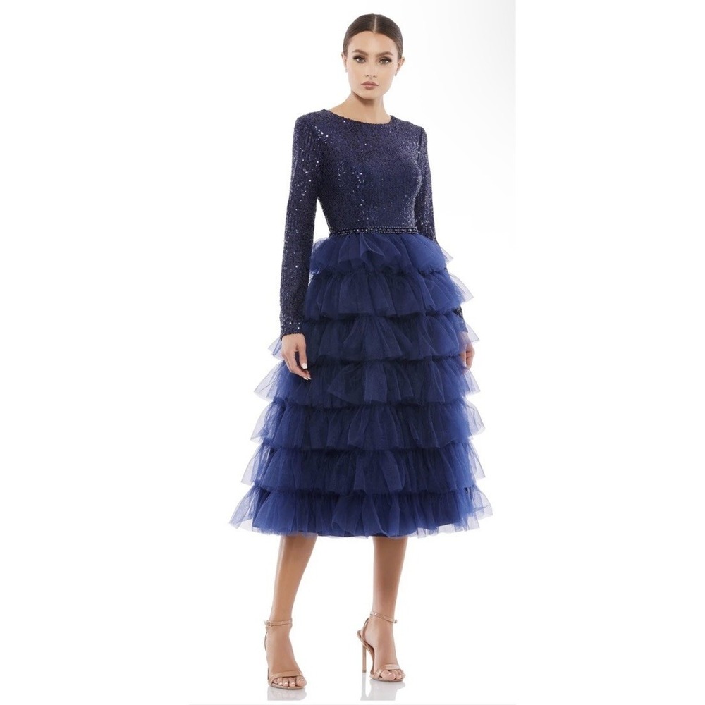 Ieena Mac Duggal Sz 4 Evoriax 26299 Sequin Ruffle Tier Tulle Cocktail Dress Navy
